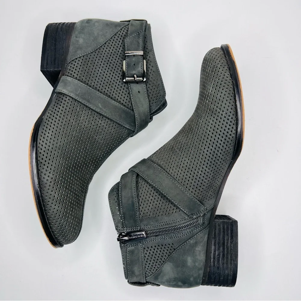 Vince Camuto Casha Gray Perforated Suede Side Zip Buckled Accent Ankle Boot